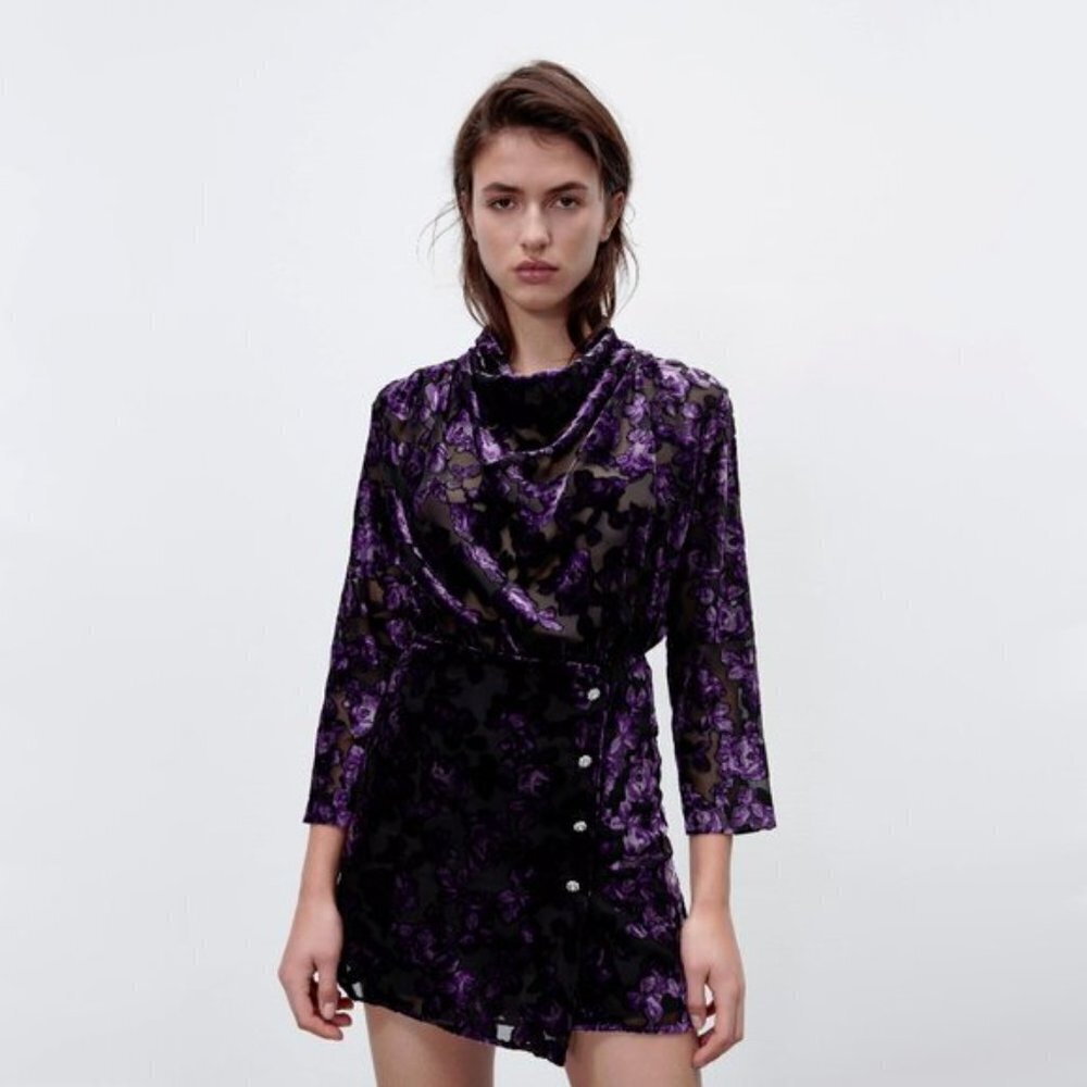 NWOT Zara purple & black velvet-like trim floral peek-a-boo sheer mini dress, S